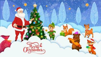 Christmas paper cut cartoon Santa and cute animals vector