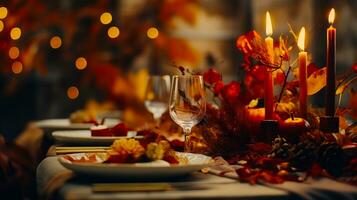 A Cozy and Elegant Thanksgiving Celebration with a Rustic Table Decor and a Fireplace AI Generated photo