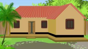 uma desenho animado casa com uma vermelho cobertura e Palma árvores video