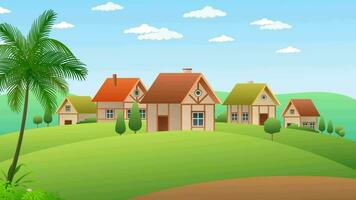 en tecknad serie by med hus och handflatan träd video