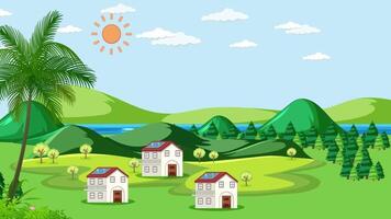 a cartoon landscape with houses and palm trees video