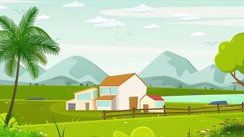 un dibujos animados paisaje con un casa, palma arboles y un lago video