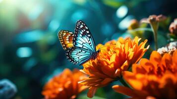 un polinizando mariposa con vistoso insecto en un flor polinizador ai generado foto