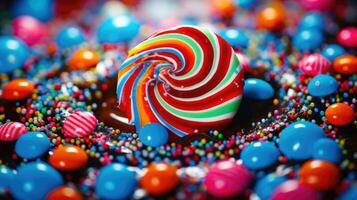 A Candy Delight A Close Up Image of a Colorful Lollipop and Different Candies AI Generated photo