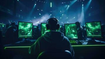 jugadores competir en un intenso esports campeonato en un brillante arena ai generado foto