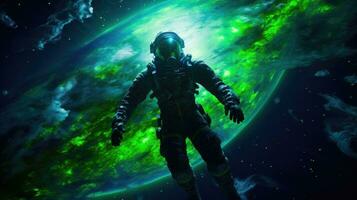Astronaut Floating in Space with Earths Map in the Background AI Generated photo