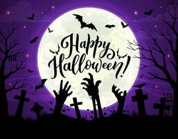Zombie hands on Halloween cemetery landscape vector