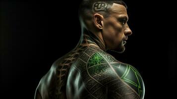 Tattooed Bodybuilder with Tribal and Geometric Designs on His Back Ai Generated photo