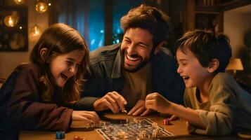 un familia teniendo divertido jugando dreidel en Janucá ai generado foto