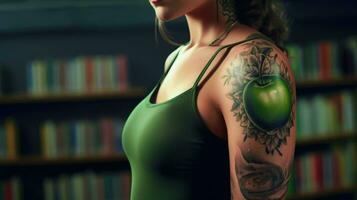 A Tattooed Lady with a Creative Apple Symbolism on Her Skin AI Generated photo