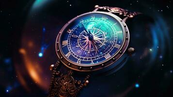 un místico tatuaje de un zodíaco reloj en un estrellado universo ai generado foto