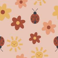 cute seamless pattern with flowers, ladybug and sun vector illustration