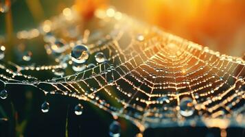A Sparkling and Beautiful Image of a Wet Web Reflecting the Sunrise Light AI Generated photo