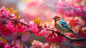 Bird on Sakura Spring Nature and Floral Serenity AI Generated photo