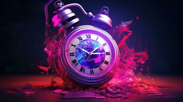 un nervioso diseño de un reloj un rociar pintar y un etiqueta símbolo en vibrante colores ai generado foto