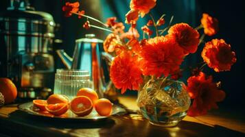 floral y agrios arreglo artístico instinto de botánico y Fruta decoración en elegante mesa ajuste ai generado foto