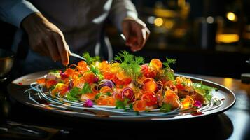 A Chefs Plating Presentation of a Colorful Dish AI Generated photo