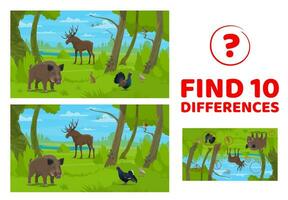 encontrar diez diferencias, dibujos animados bosque animales juego vector