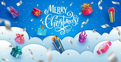 Christmas paper cut clouds with holiday presents vector