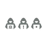 Hacker with hoodie and computer vector icon. Cyber crime, virus symbol.