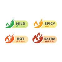 Chili pepper, mild and hot label with fire flames. Spicy and extra hot peppers icon set. vector