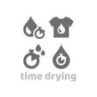 Drying time, dryer machine vector icon set. Quick dry fabric or clothes with clock icons.