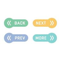 Prev, next and back vector buttons. Colorful web arrow button icons.