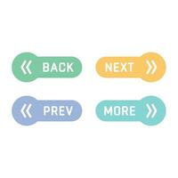 Prev, next and back vector buttons. Colorful web arrow button icons.