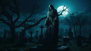 escalofriante cementerio escena con severo segador estatua con Luna y niebla ai generado foto