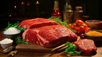 Bison Steak on a Rustic Wooden Table with Herbs and Spices AI Generated photo