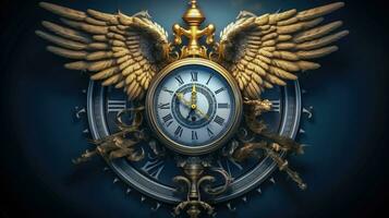 A Sacred Tattoo of a Clock an Angel and a Dove in White Gold and Blue Colors AI Generated photo