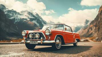 Vintage Road Trip in a Time Honored Convertible on a Mountainous Terrain AI Generated photo