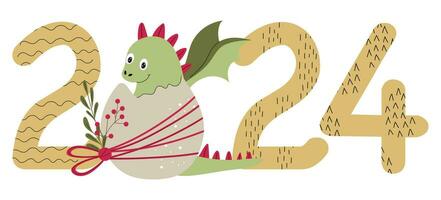 Vector banner new year 2024 with cute baby dragon in the egg instead of zero. Hand drawn numbers with texture.