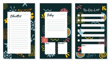 Three planner pages with hand drawn abstract elements. Vector to-do lists design.