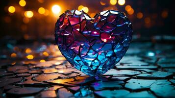 Fragmented Emotions and Glistening Tears A Heart Shaped Glass Sculpture on a Reflective Surface AI Generated photo