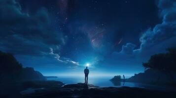 A Man on a Cliff with a Campfire and a Moonlit Night Sky AI Generated photo
