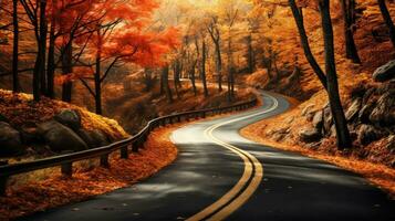 un la carretera viaje mediante el encantador otoño paisaje ai generado foto