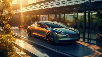 A hybrid car with a sleek design and a solar panel roof showing its ecofriendly features AI Generated photo