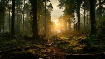 Misty Dawn in the Forest Ethereal Beauty of Woodland Scenery AI Generated photo