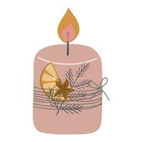 Christmas candle with spruce branch, star anise and dried orange slice. Winter holiday new year decoration. vector