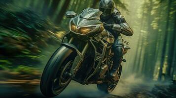 motocicleta en movimiento en un hermosa bosque la carretera ai generado foto