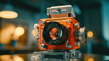 A Vintage Camera with Colorful Gels in a Blue and Yellow Room AI Generated photo