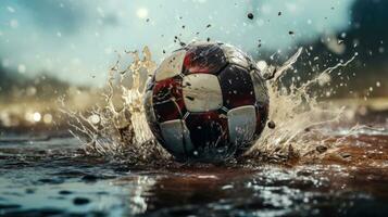 A Unique Perspective on a Soccer Game A Ball Splashing into a Puddle on a Wet Field AI Generated photo