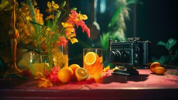 Everyday Elegance Colorful Fruit Arrangement and Vintage Camera on Table AI Generated photo