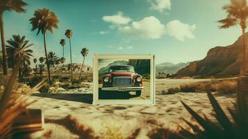 un doble exposición fotografía proyecto con un Clásico coche y un Desierto paisaje ai generado foto