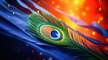 A Fantasy Feather A Colorful Feather on a Blue and Orange Background AI Generated photo