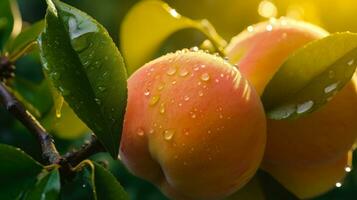 Peach Tree Branch with Two Peaches and Water Droplets AI Generated photo