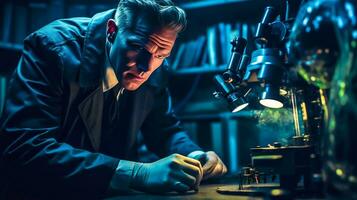 A Man in a Blue Suit Looking Through a Microscope in a Dark Laboratory AI Generated photo