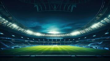 A Visually Stunning Composition of a Soccer Stadium Illuminated by Floodlights AI Generated photo