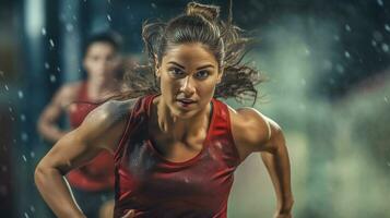 corriendo en el lluvia dos hembra Atletas espectáculo su determinación y atletismo ai generado foto